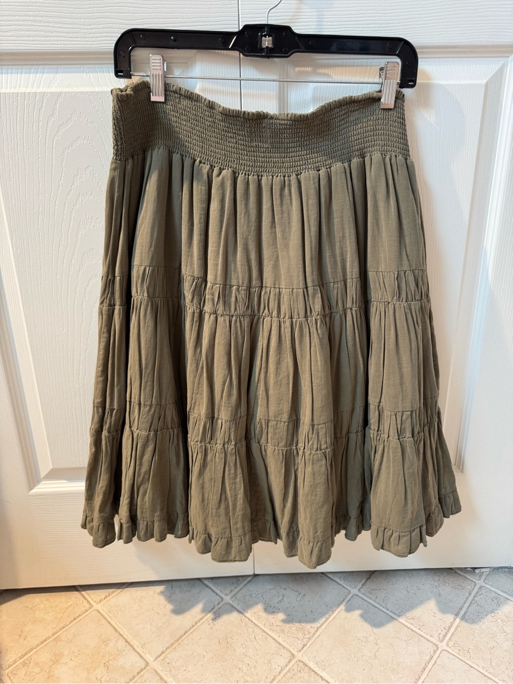 Olive Green Tiered Smocked-Waist Skirt